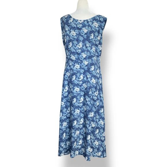 Vintage 90s Blue Floral Midi Dress Sleeveless Rayon A Line Medium Romantic - Picture 7 of 14